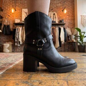 NWT X2B Black Harness Platform Block Heel Ankle Boots